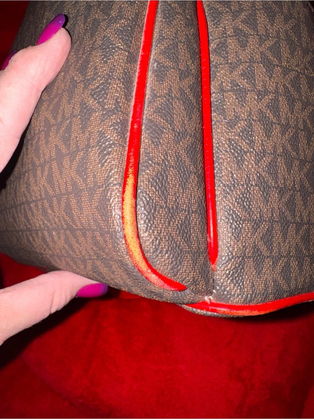 Michael Kors Brown Monogram Backpack with Red Trim and Gold Logo